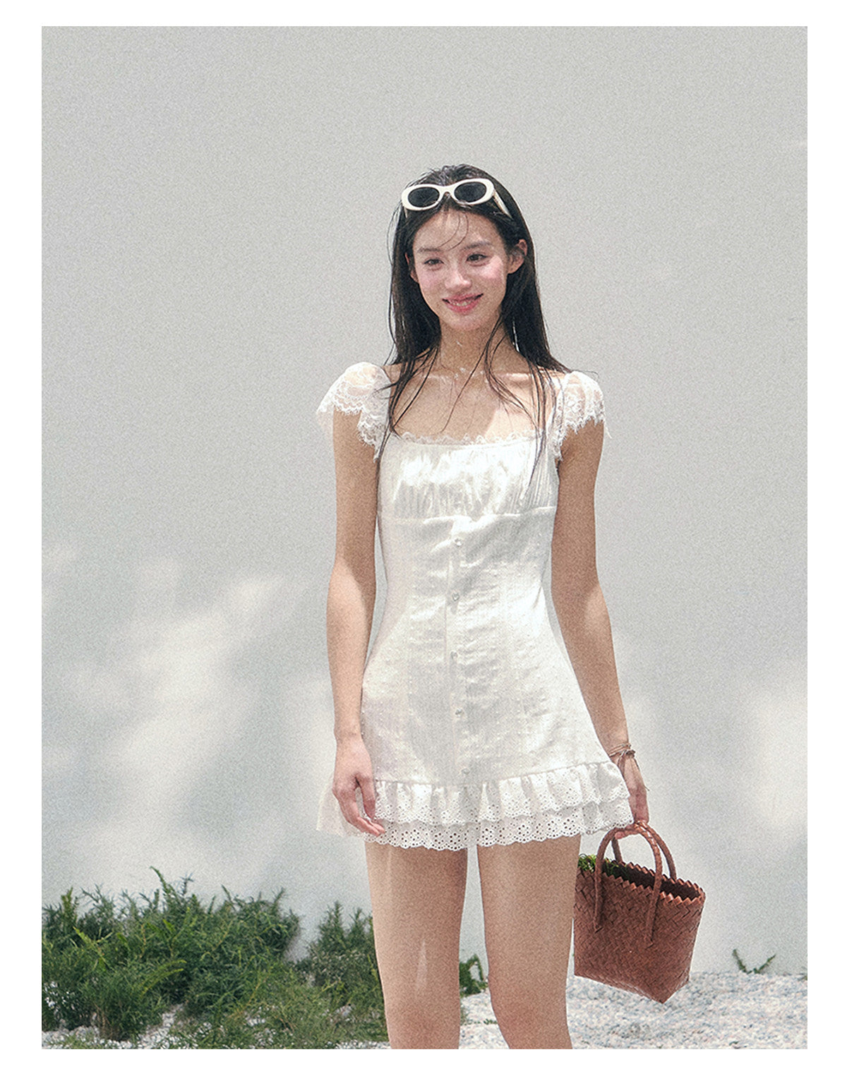 “Summer Tide Reverie” Lace Trim Puff Mini Dress