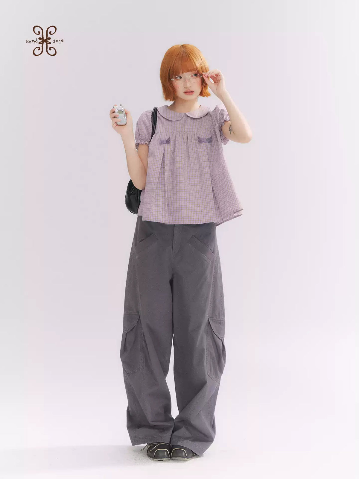 “Taro Milk Candy” Purple Plaid Bow Peter Pan Collar Puff Sleeve Blouse