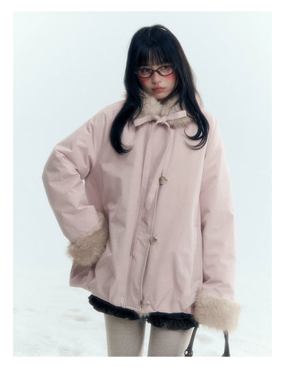 Horridale - Blue Bud-Shaped Faux Fur Collar Parka Down Jacket