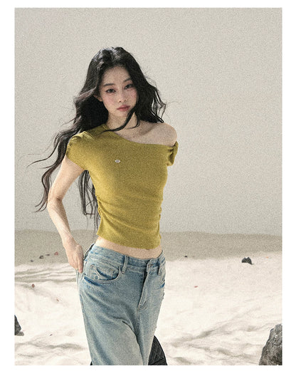 "Shape of the Wind" Forest Green One-Shoulder Twist Crop Top 6556585
