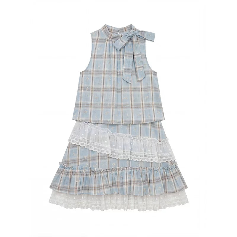 “Berry Fairytale Sonata” Misty Blue Ribbon Neck Lace Dress