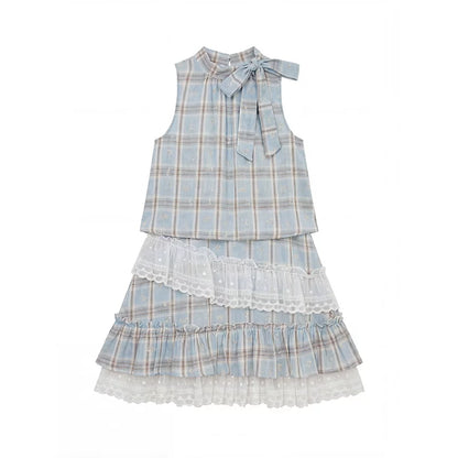 “Berry Fairytale Sonata” Misty Blue Ribbon Neck Lace Dress