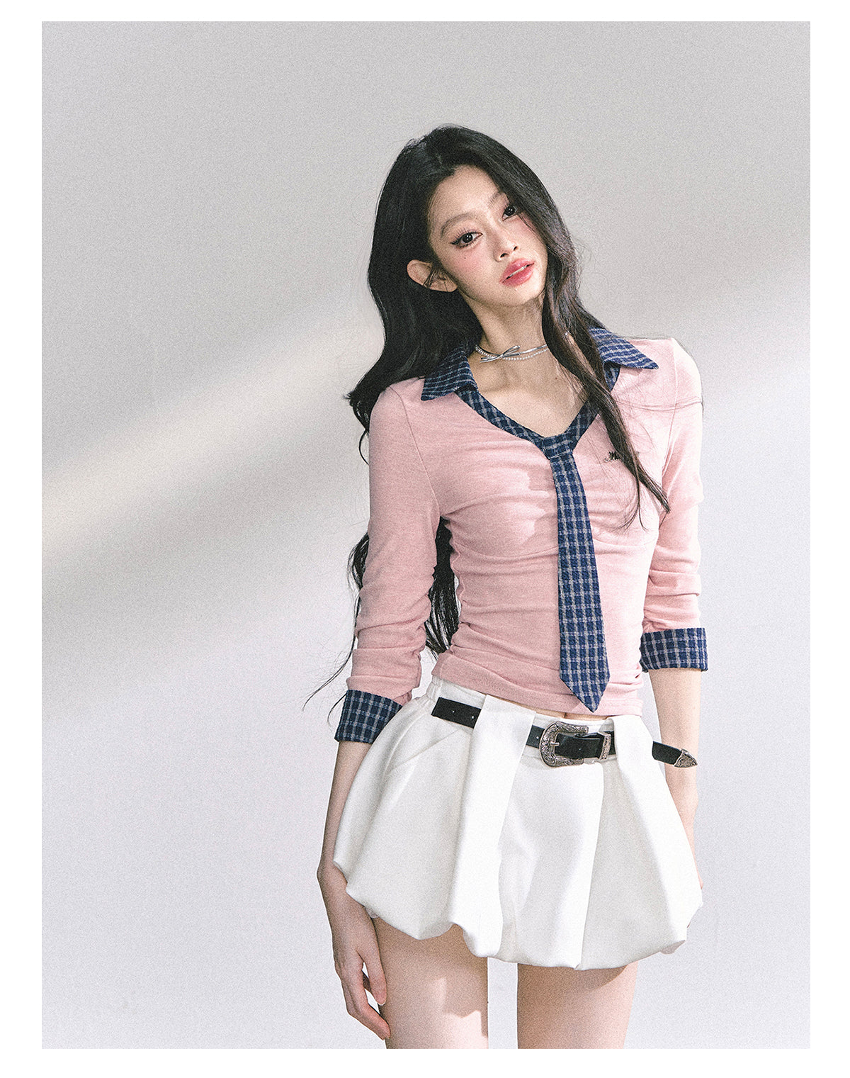 少也眼 "Han Gao Rolecard" Dual-Layer Illusion V-Neck Plaid Waist-Slimming Tee - Pink