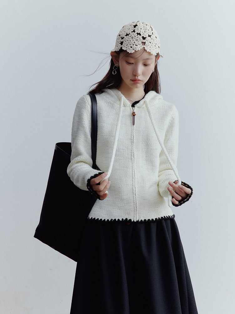 FUSSED Almond Cream Cropped Hooded Knit Jacket with Contrast Shell Embroidery FOF-25SS174