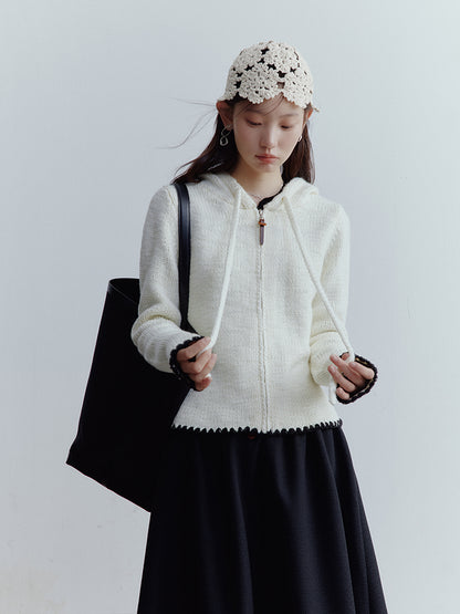 FUSSED Almond Cream Cropped Hooded Knit Jacket with Contrast Shell Embroidery FOF-25SS174