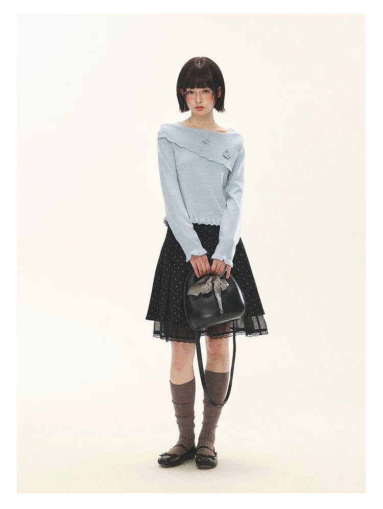 "Sea Salt Bloom" Sea Salt Blue Off-Shoulder Ruffle Knit Sweater
