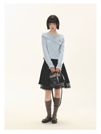 "Sea Salt Bloom" Sea Salt Blue Off-Shoulder Ruffle Knit Sweater