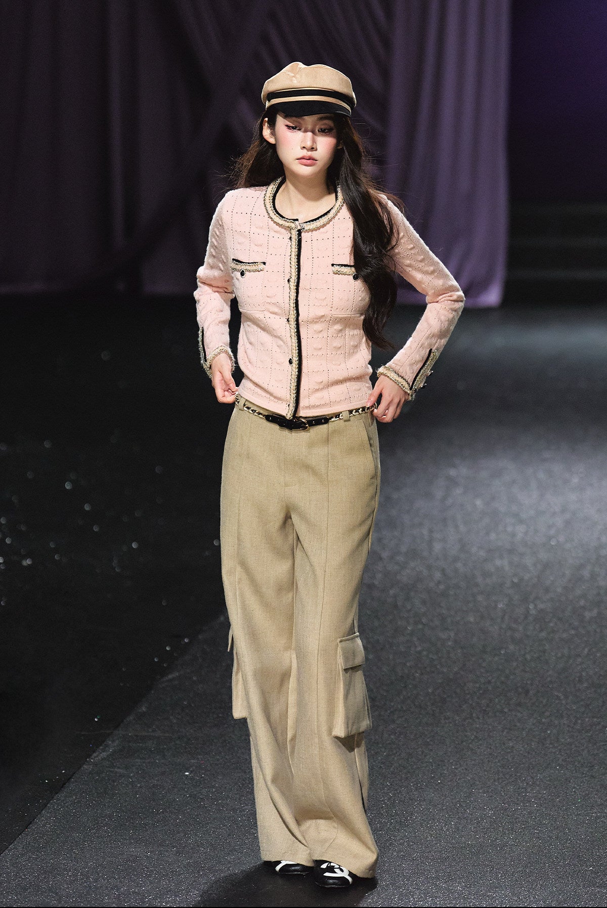 "Rosé Tweed" Pink Openwork Knit Cropped Cardigan