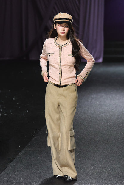 "Rosé Tweed" Pink Openwork Knit Cropped Cardigan