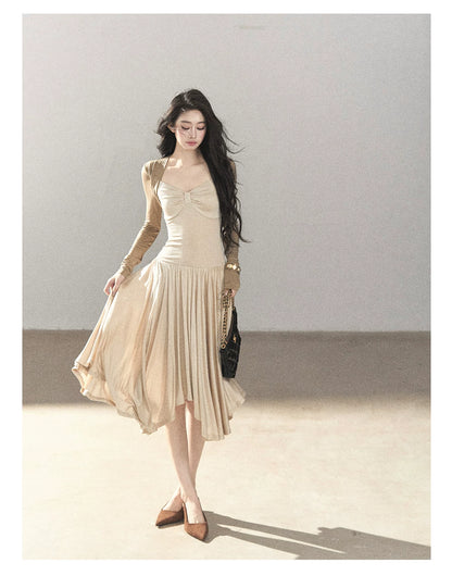 AOMALM - Light Sand Faux Two-Piece Midi Dress with Draped Shawl