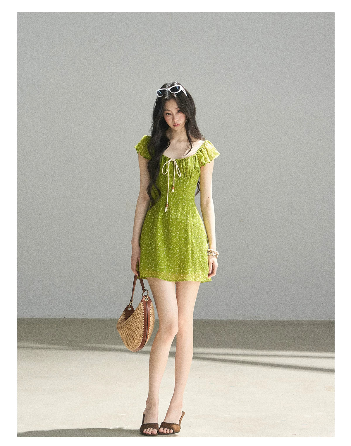 "Emerald Breeze" Primrose Green Floral Chiffon Mini Dress
