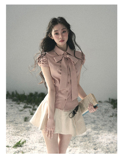“Blush Confession” Ballet Pink Bow Puff Sleeve Blouse