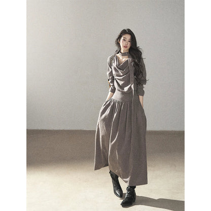AOMALM - Gray-Purple Pleated Maxi Dress with High-Waisted Cinch Belt