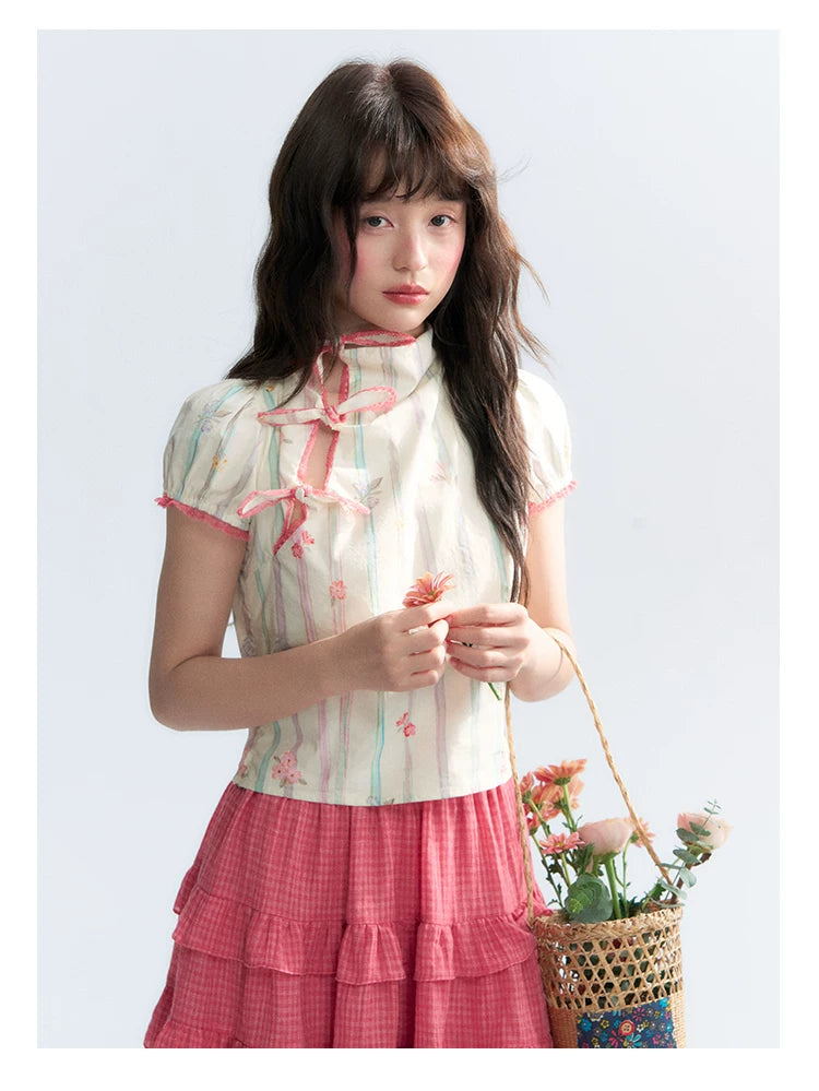 "Peach Blossom" Beige Floral Print Mandarin Collar Blouse