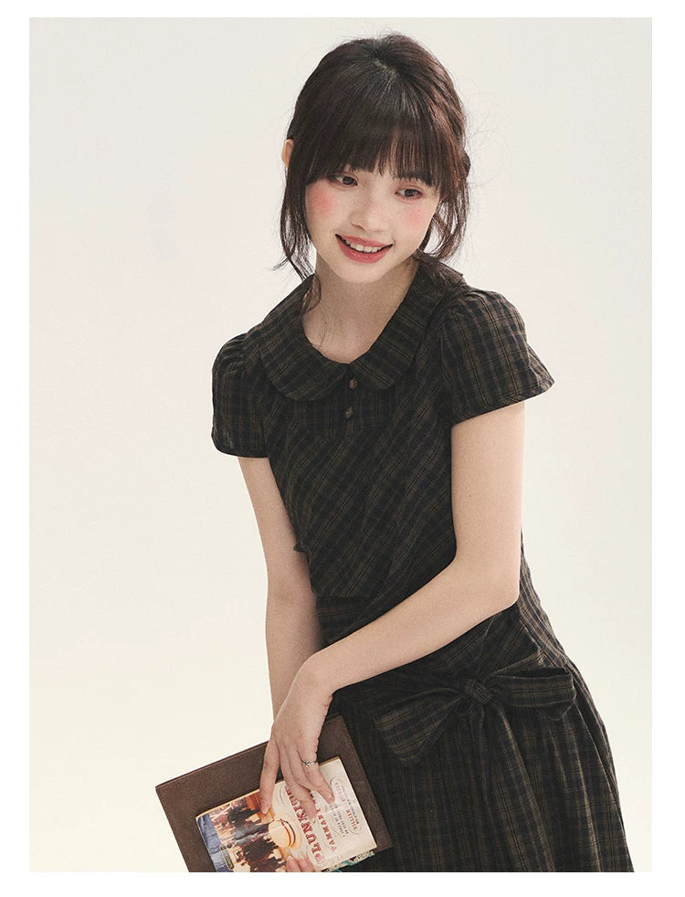 "Vintage Scholar" Black Brown Plaid Bow Tie Peter Pan Collar Maxi Dress