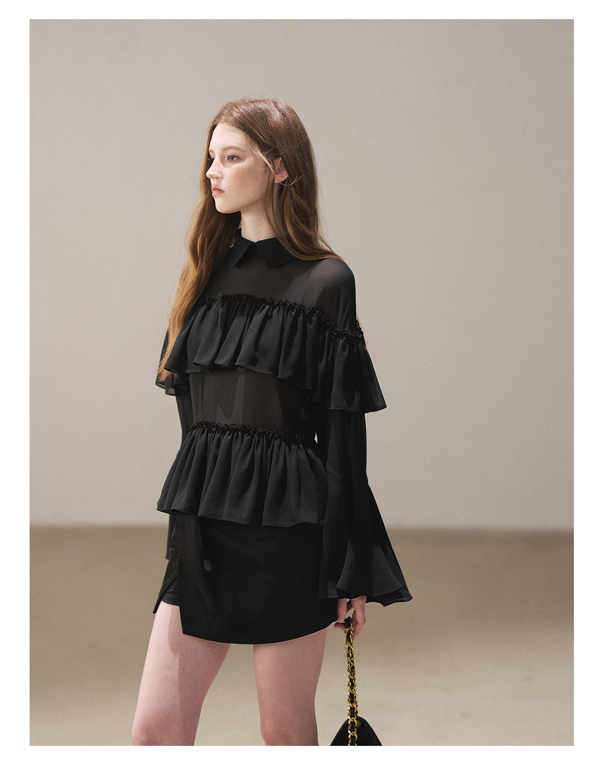 170726 "Veiled in the Evening Mist" Tranquil Black Ruffle Blouse