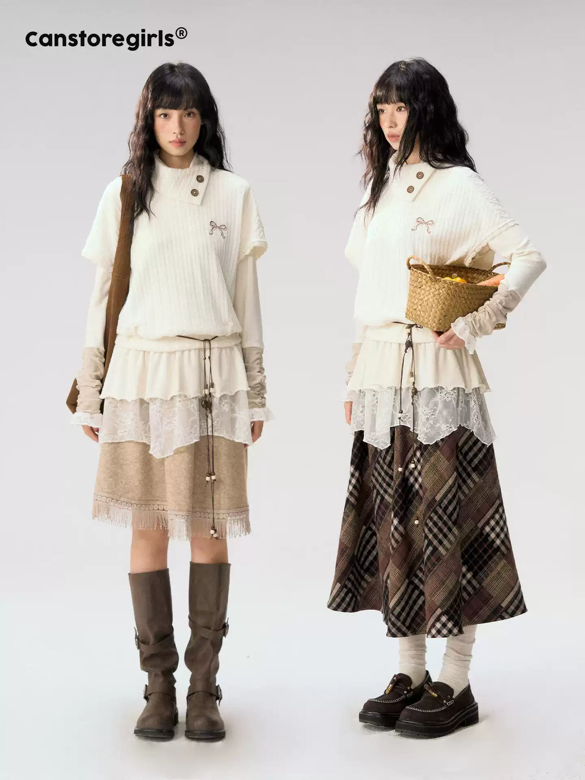 [CAN] "Cloud Knit Reverie" Ivory Cable Knit Bow Embroidered Vest