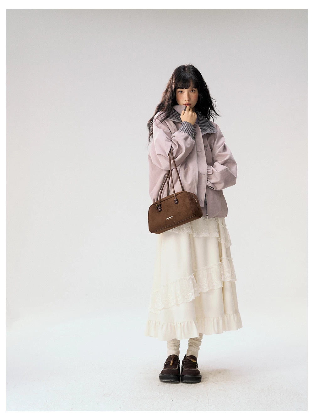 [CAN] "Lavender Plaid Notes" Dusty Purple Plaid Double Collar Cropped Jacket