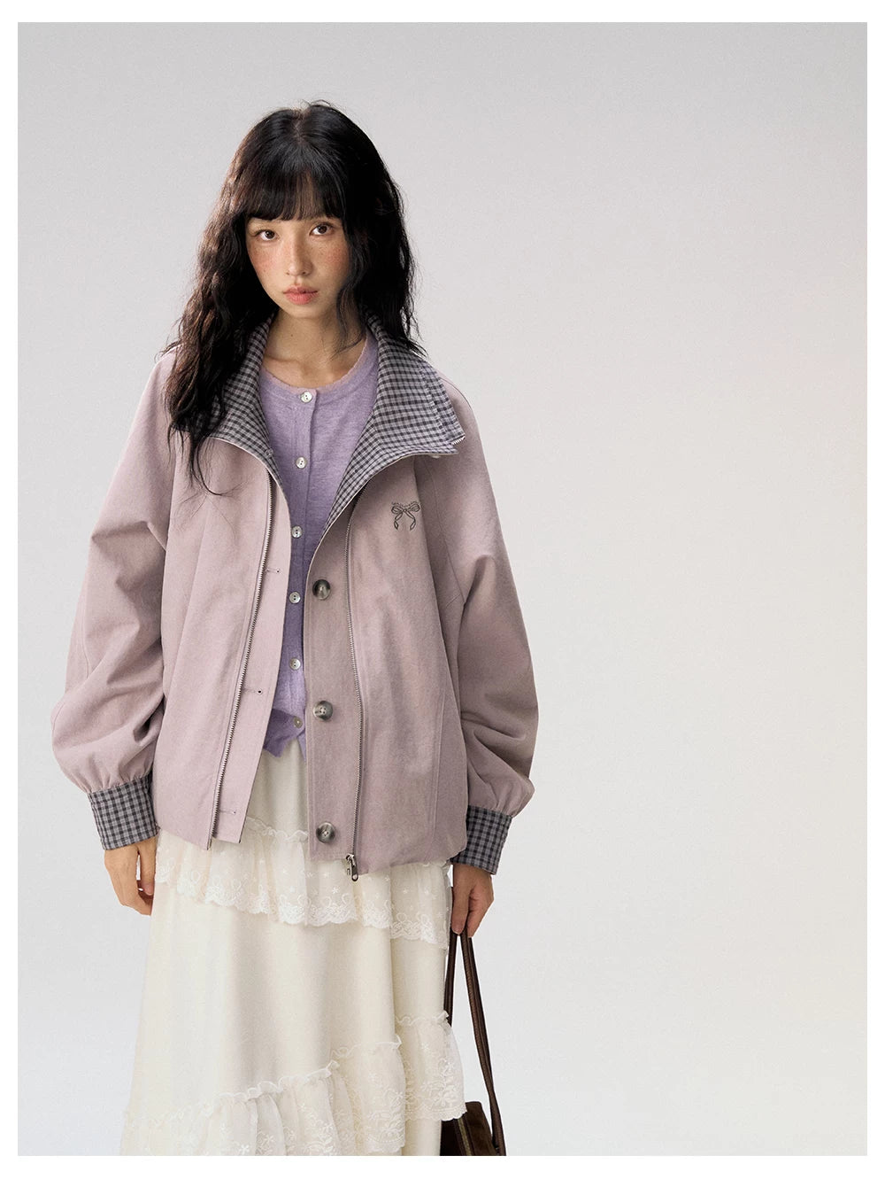 [CAN] "Lavender Plaid Notes" Dusty Purple Plaid Double Collar Cropped Jacket