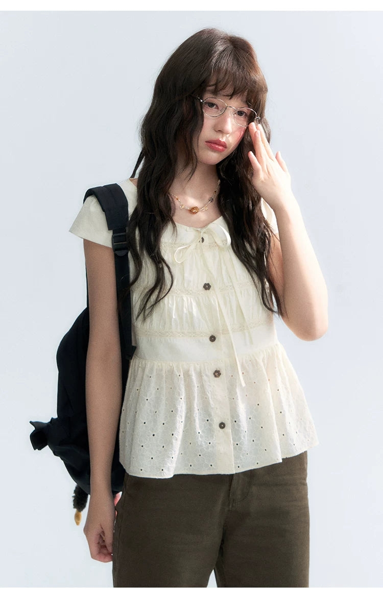 "Vintage Ribbon" Beige Bow Tie Lace Trim Blouse