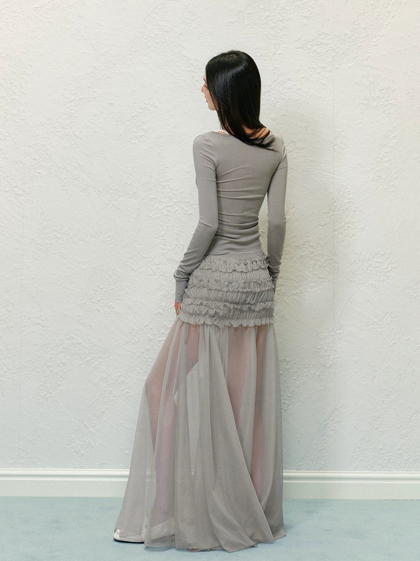 "Soft Horizon" Gray Mesh Panel Bodycon Maxi Skirt