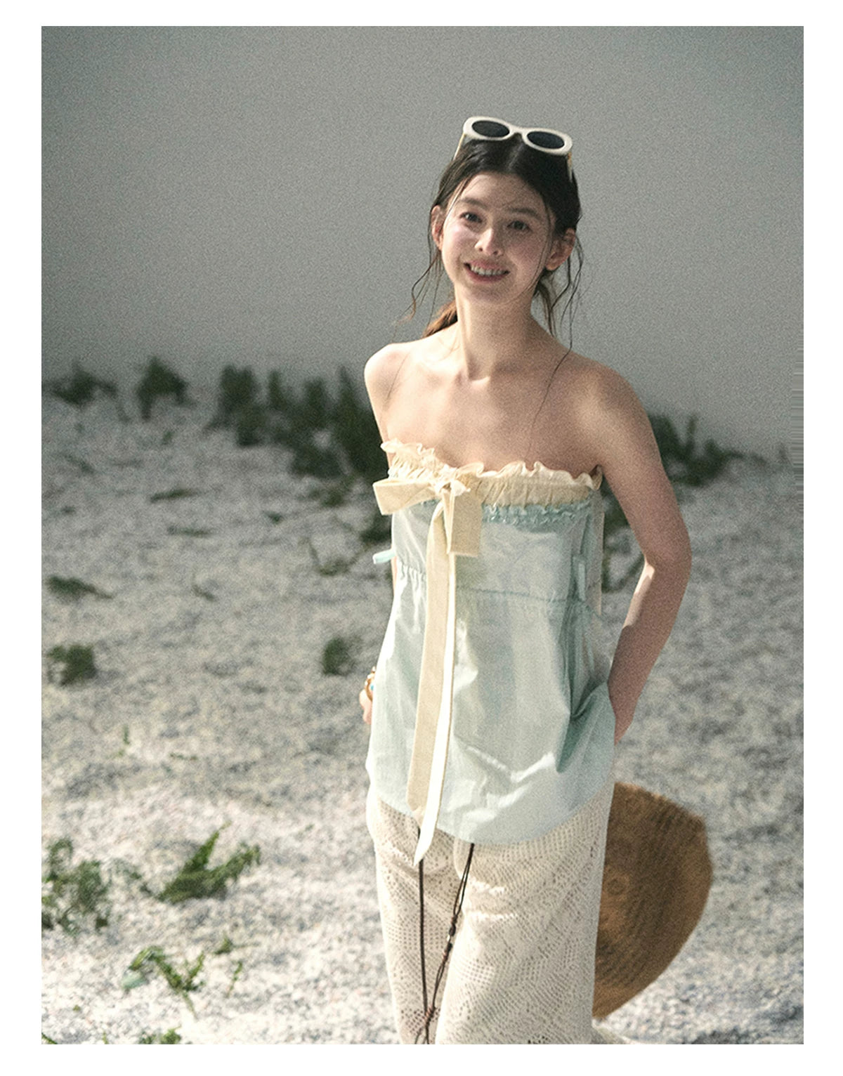 “Blue Whispers on Ivory” Mint Ruffle Bustier Top