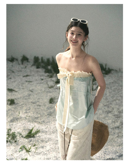“Blue Whispers on Ivory” Mint Ruffle Bustier Top