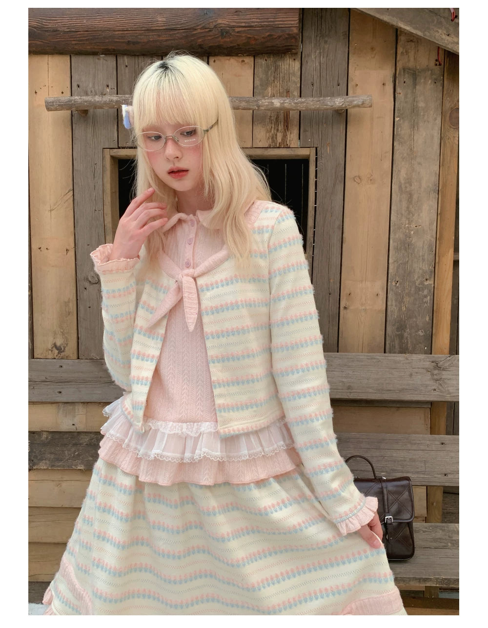RF - Candy Stripe Floral Knit Cardigan and Midi Skirt Set