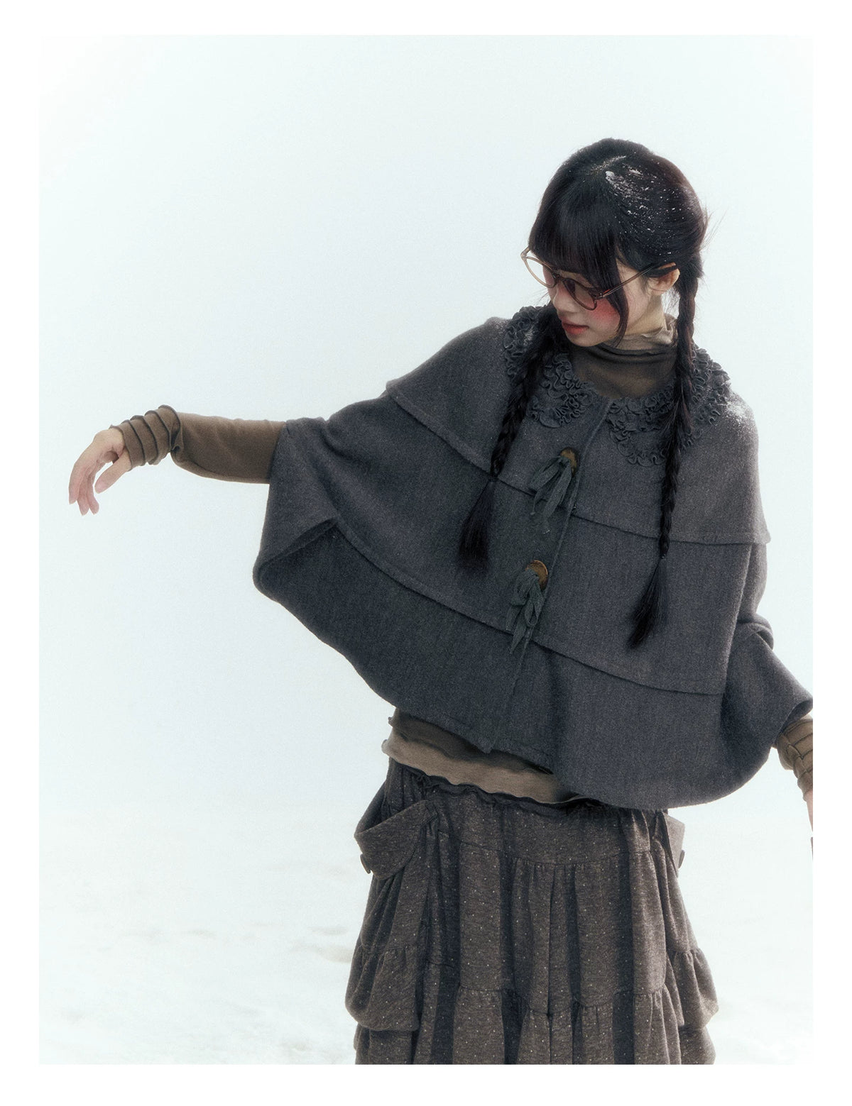 Horridale - Warm Charcoal Gray Knit Cape Poncho with Ruffle Collar