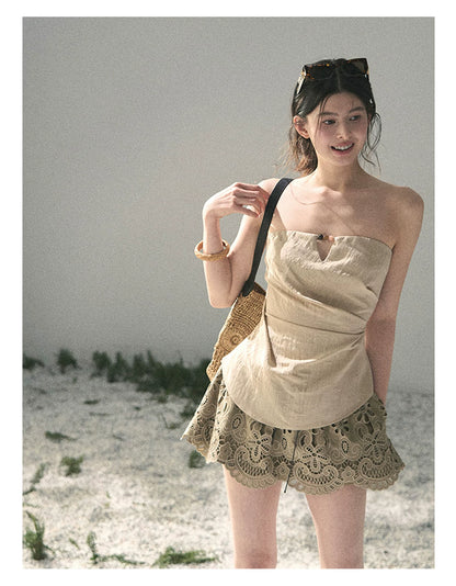 “Moonlit Haze” Dutch Cream Strapless V-Notch Top