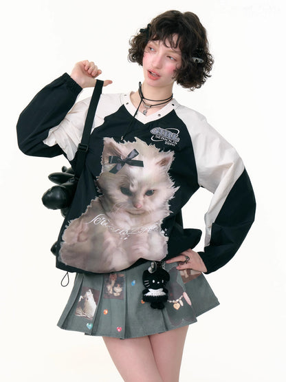 ZiziFei - Black & White Colorblock Cat Print V-Neck Sweatshirt
