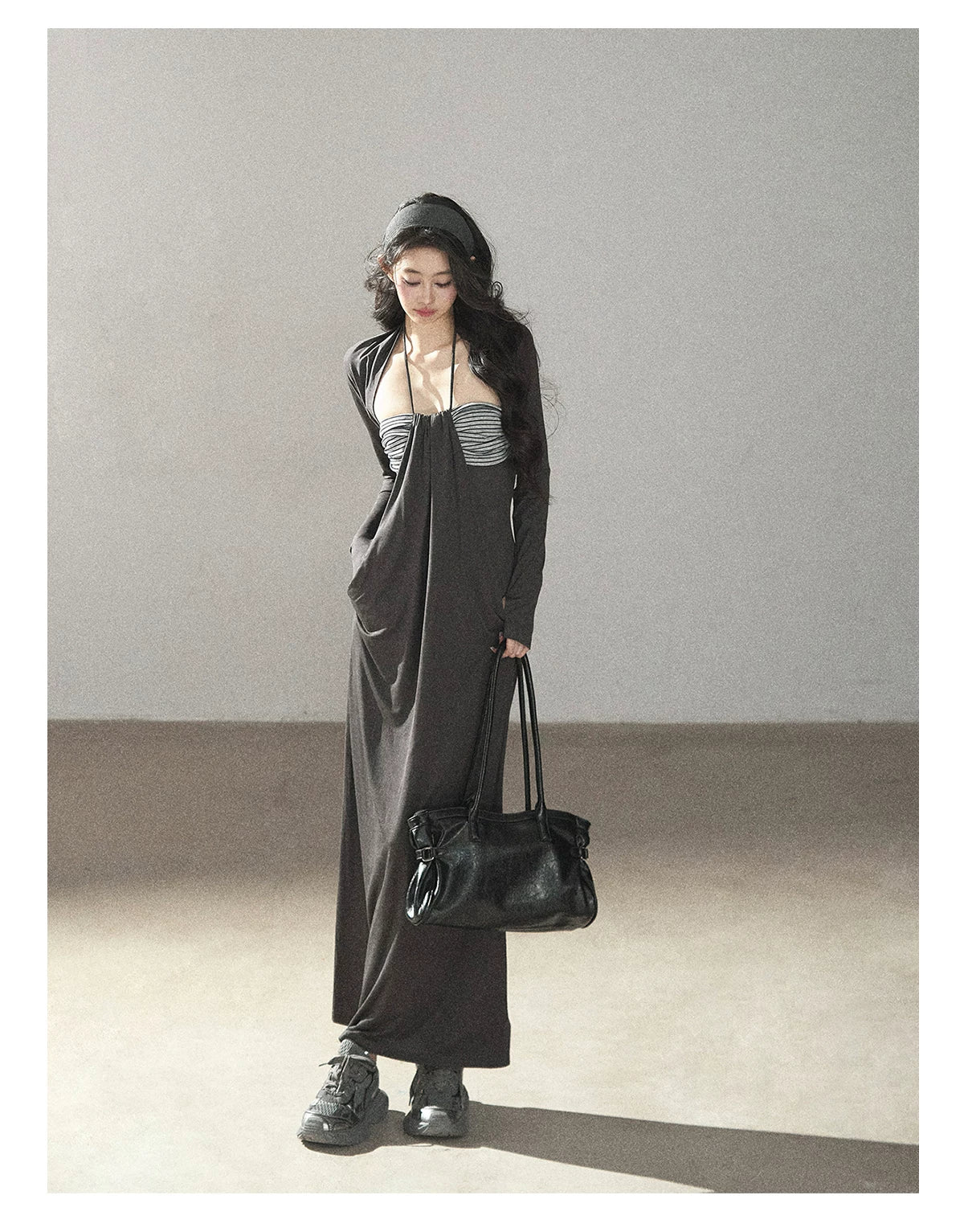 AOMALM - "Twilight River Cove" Cloud Mist Gray Striped Knit Shoulder Wrap Dress Set