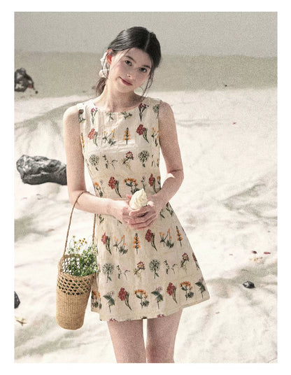 "Wildflower Daydream" Dutch Cream Embroidered Mini Dress - Sleeveless 45684