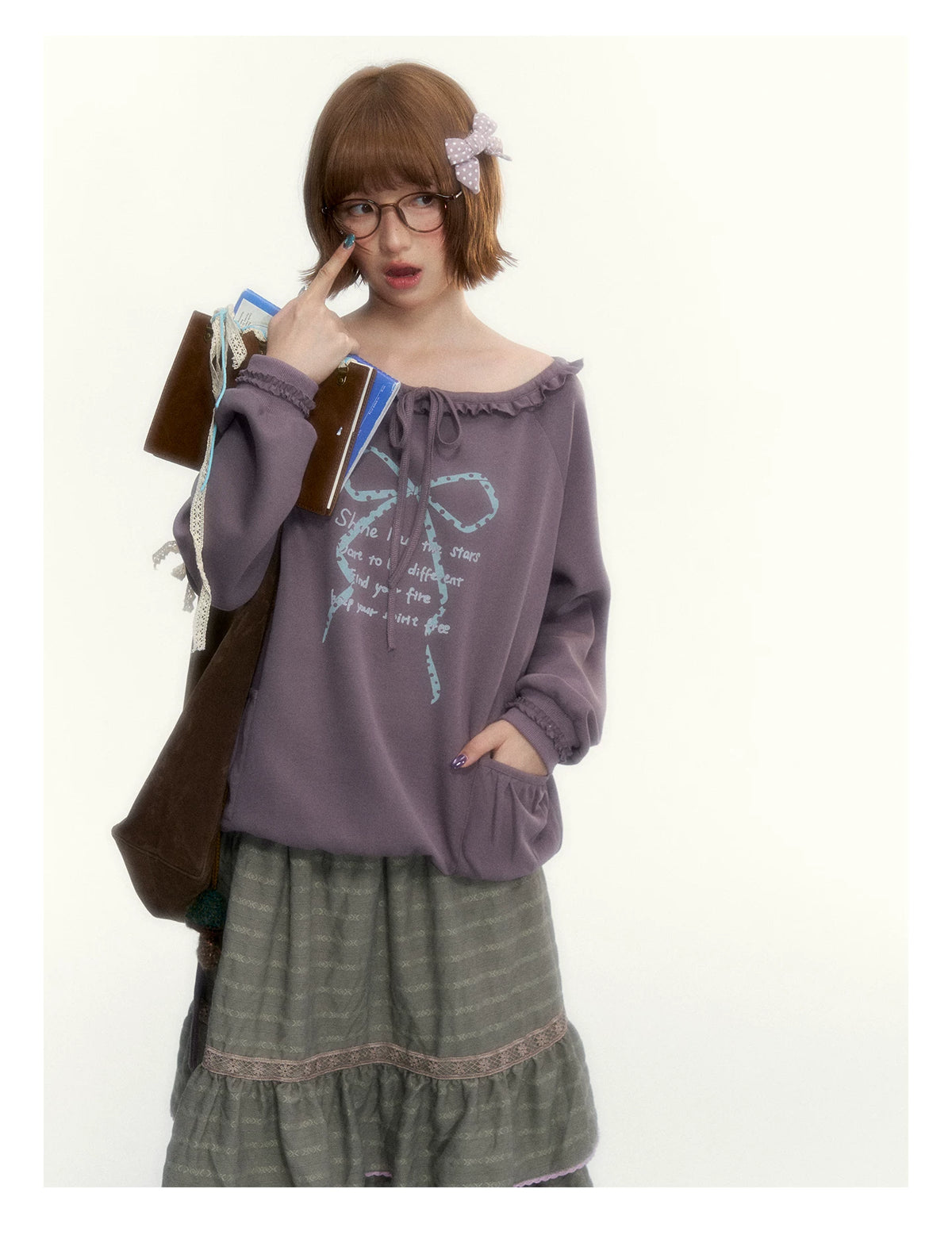 Deep Purple Bow-Tie Lettuce-Trim Off-Shoulder Sweatshirt