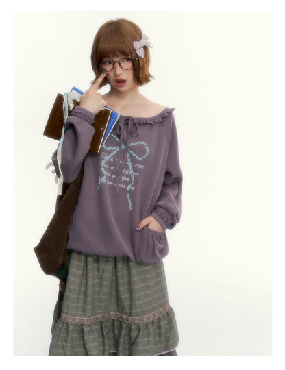 Deep Purple Bow-Tie Lettuce-Trim Off-Shoulder Sweatshirt