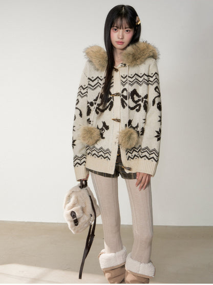 Soote Season - Fair Isle Cream Hooded Toggle Knit Jacket - Light Cream