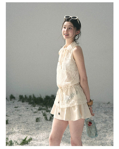 “Summer Breeze Kissing the Hem” Ivory Lace Layered Sleeveless Top