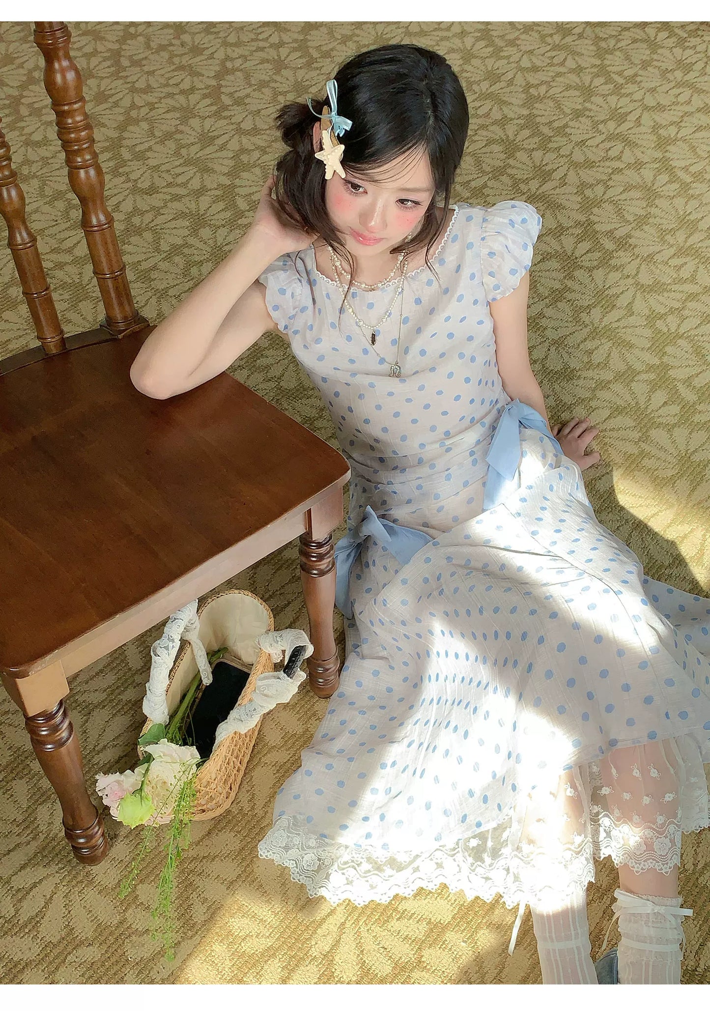 “Blue Mist Polka Reverie” Mist Blue Bow Lace Dress