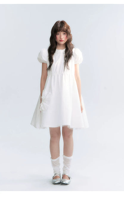 "Puff Doll Dress" Ruffle Trim Puff Sleeve Cotton A-Line Dress (White/ Black)