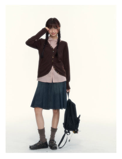 “Chestnut Book Knit” Red Brown Faux-Layered Colorful Button Cardigan