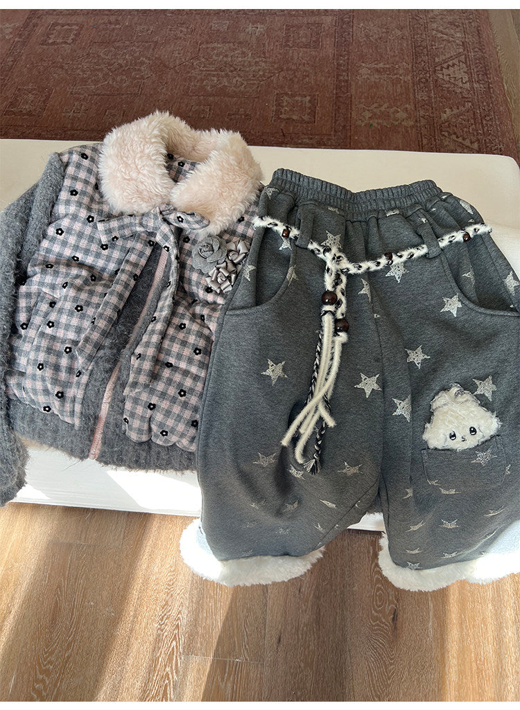 阮阮自制 - "Cold Star Snow" Faux Fur Star Print Fleece Jogger Pants