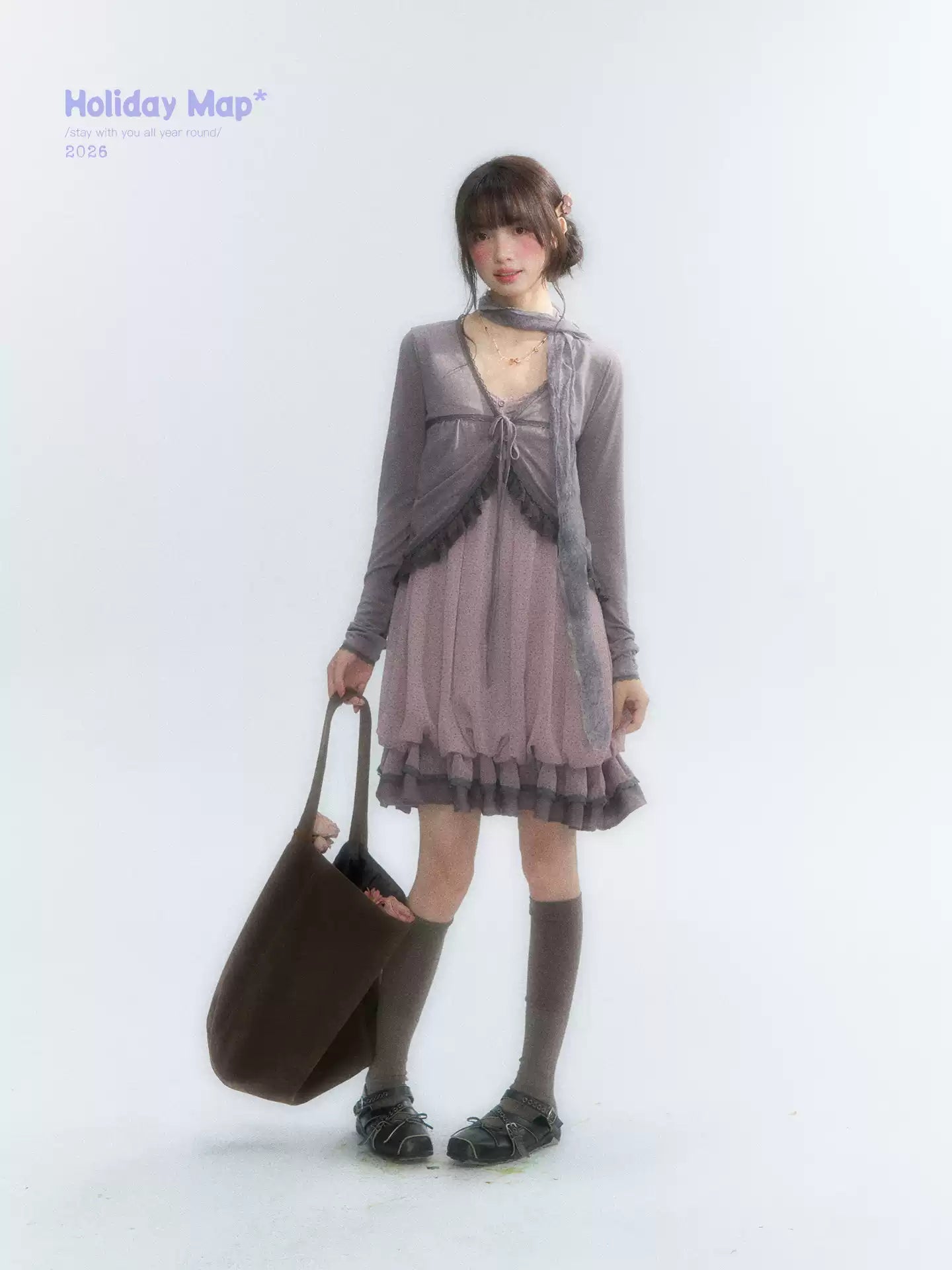 "Misty Lavender Reverie" Vintage Floral Lace Trim Midi Slip Dress