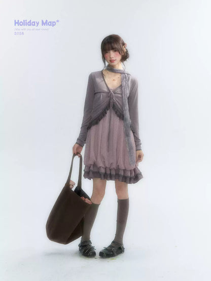 "Misty Lavender Reverie" Vintage Floral Lace Trim Midi Slip Dress