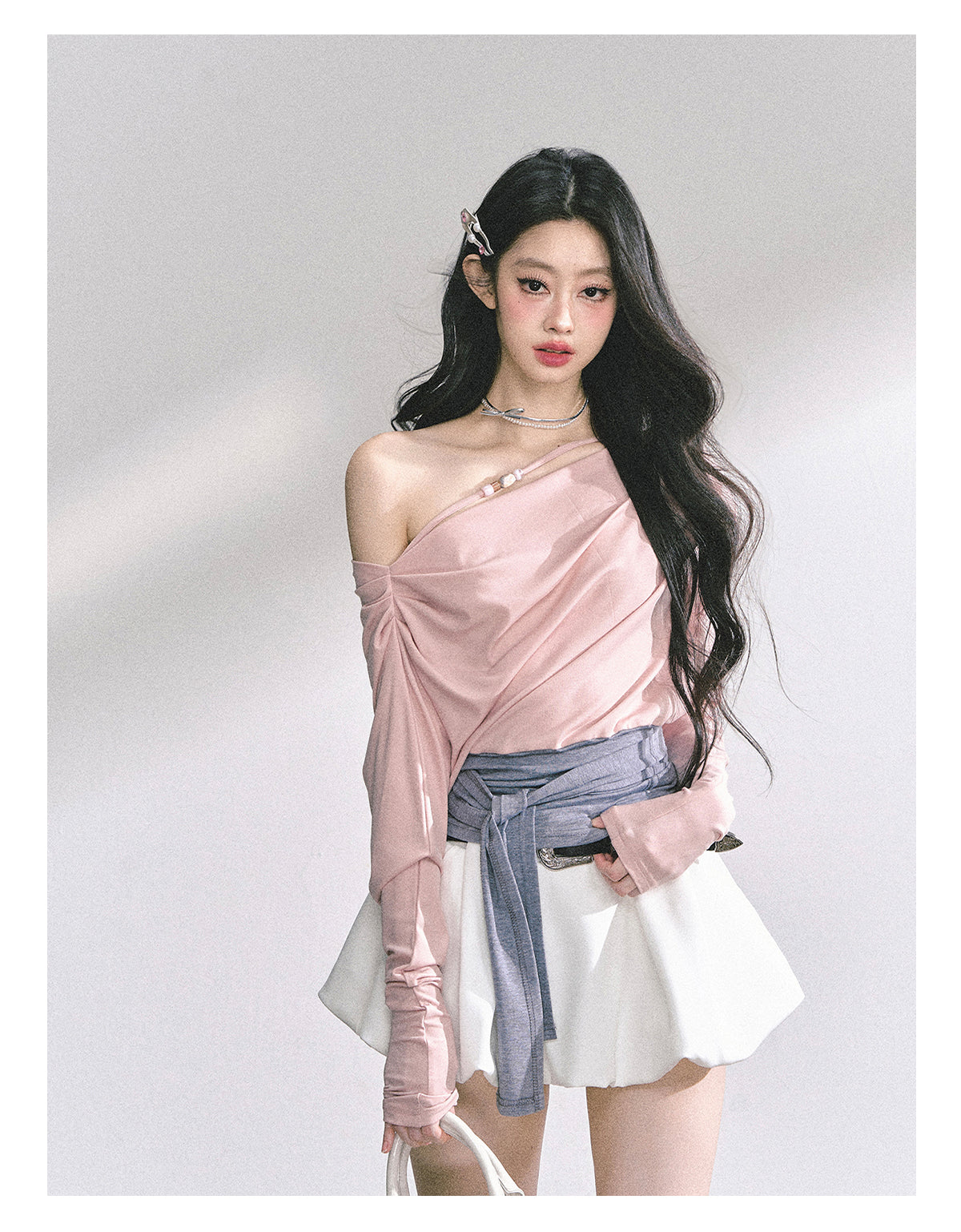 少也眼 "Soft & Sweet" Korean Asymmetric Off-Shoulder Cropped Spicy Girl Tee