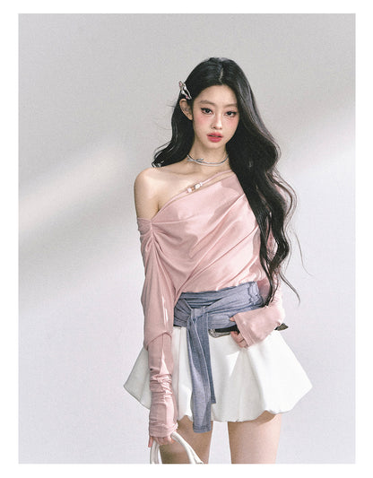 少也眼 "Soft & Sweet" Korean Asymmetric Off-Shoulder Cropped Spicy Girl Tee