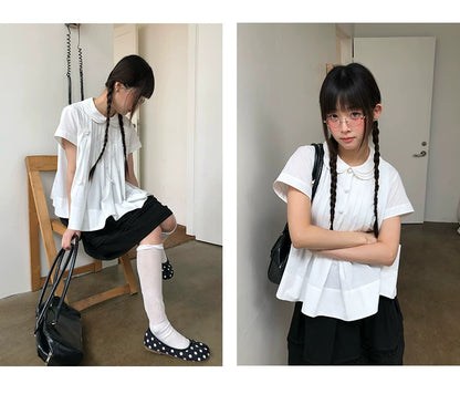 "Hyacinth Letter" White Cotton Peter Pan Collar Pleated Blouse