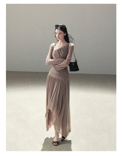 170726 "Waiting for Autumn Rain" Silver Mouse Gray Off-Shoulder Pleated Skirt Set
