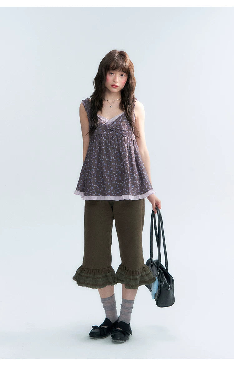 "Forest Cocoa" Dark Coffee Green Flare Capri Pants