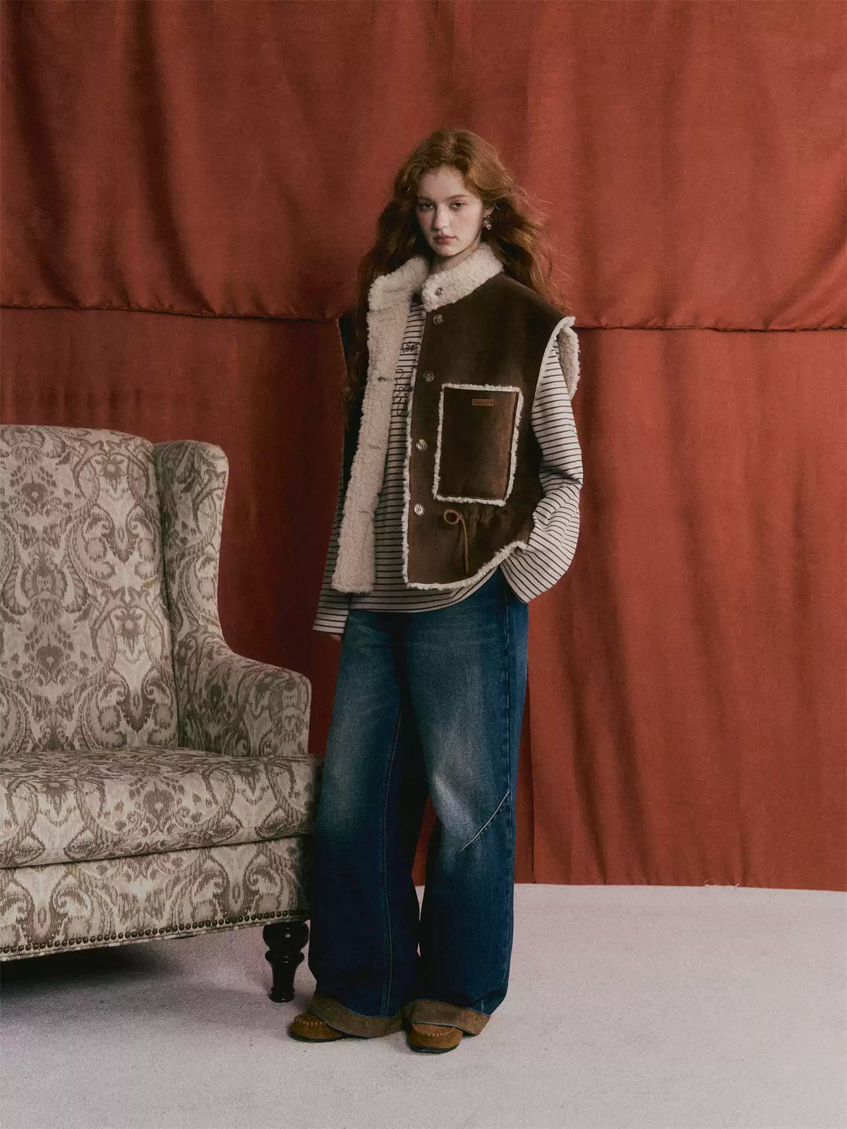 ASGONY - Brown Reversible Suede Faux Shearling Drawstring Vest