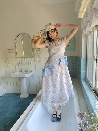 “Blue Mist Polka Reverie” Mist Blue Bow Lace Dress